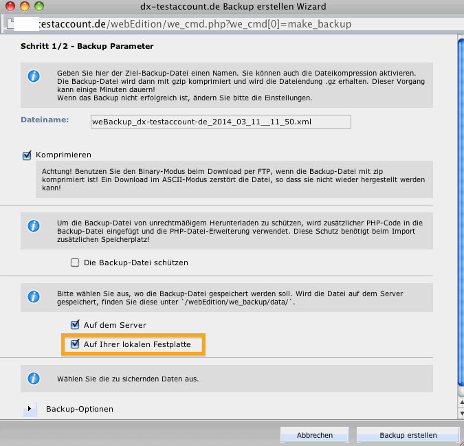 webEdition backup download to local computer