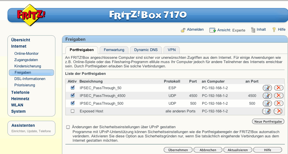 fritzbox 7170 ipsec vpn pass through ports
