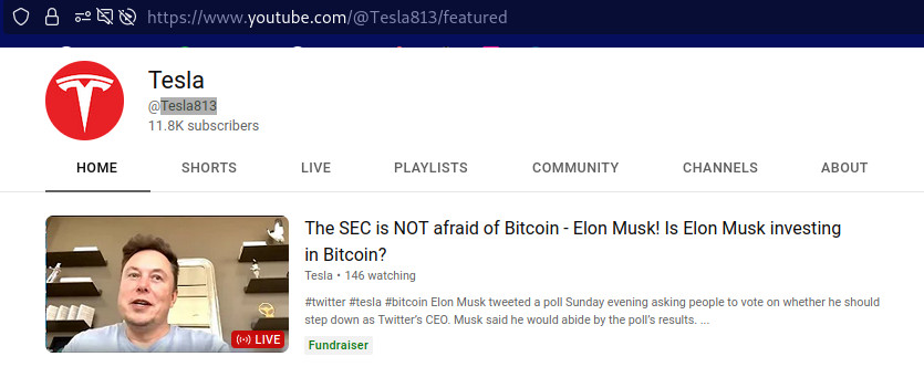 Fake Fundraiser – Another “Elon will give you Bitcoin” Scam – this time on YOUTUBE LiveStream (loop)