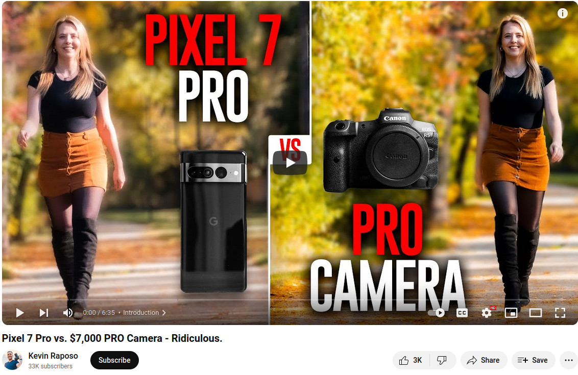 https://www.youtube.com/watch?v=7-GqBOf2eec https://www.dpreview.com/news/6125283026/video-google-pixel-7-pro-vs-canon-r5-difference-between-smartphones-real-cameras